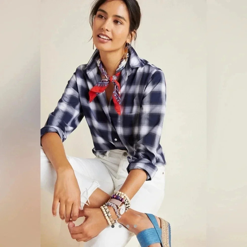 Anthropologie Grayson M The Hero Buttondown Navy Plaid workwear casual classic